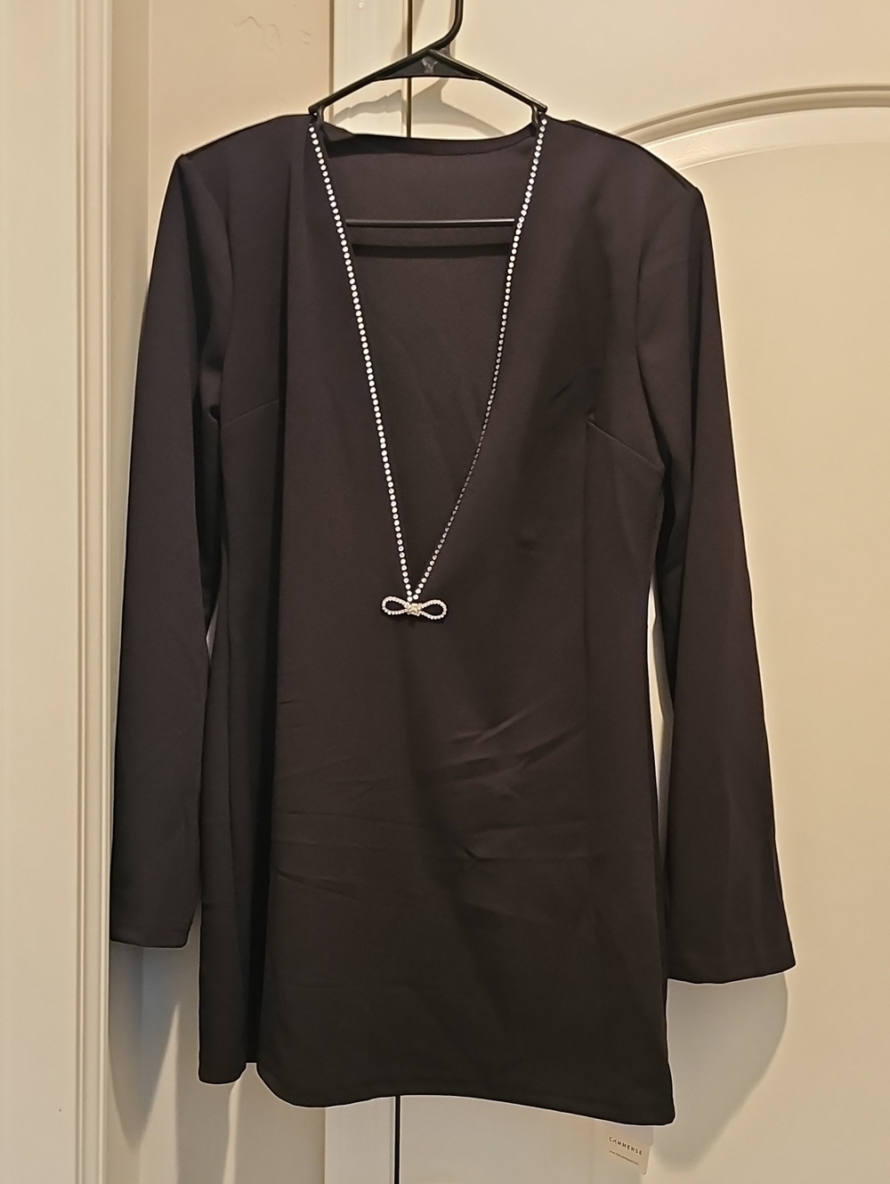 Commense Black Long-Sleeve V-Neck Dress with Rhinestone Bow Accent